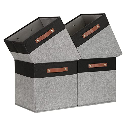 Temary 13 x 13 Storage Cubes Foldable Storage Cubes 4 Pack Canvas Storage Bin for Home, Square Storage Baskets with Leather Handles (Black&Grey) - color: Black&Grey, size: 13×13×13