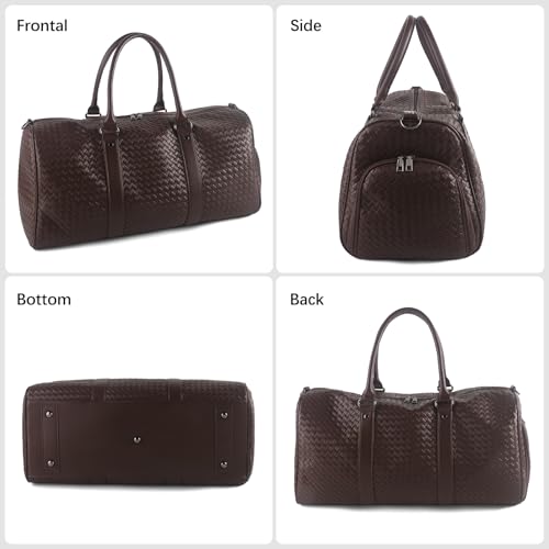 Weekender Bags for Women Woven Leather Travel Duffle Bag with Shoe Compartment, Carry On Garment Bag for Men Women, Large Capacity Water-resistant Gym Tote (Coffee) - color: Coffee