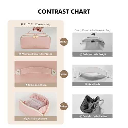 Prite Makeup Bag for Women Travel Waterproof Vegan Leather Cosmetic Bag Open Flat Toiletry Bag With Clear Divider and Handle (Pink, Large) - color: Pink, size: Large