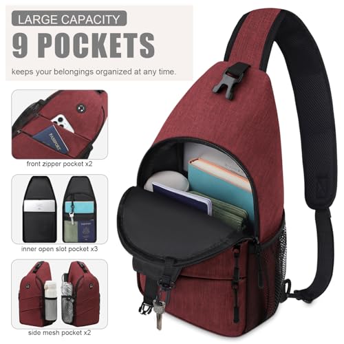 Pritent Crossbody Bags for Women Men Trendy Sling Bag Backpack Casual Chest Bag with Convertible Shoulder Strap - color: Wine Red, size: Medium