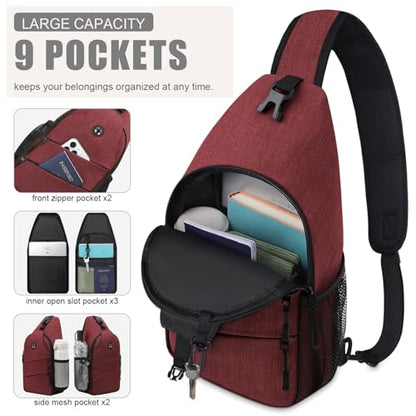 Pritent Crossbody Bags for Women Men Trendy Sling Bag Backpack Casual Chest Bag with Convertible Shoulder Strap - color: Wine Red, size: Medium