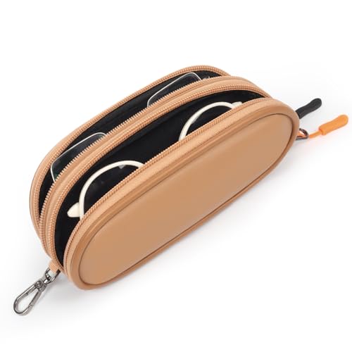 Double Eyeglasses Case Soft Portable Zipper Sunglasses Pouch with Keychain Clip for Men Women - color: Brown Pu