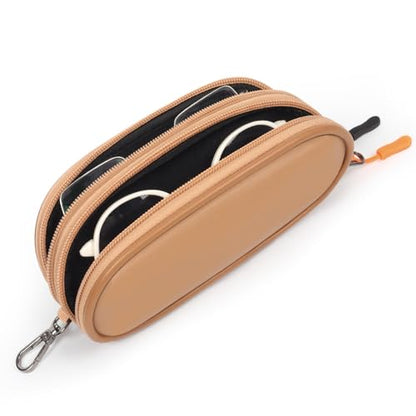 Double Eyeglasses Case Soft Portable Zipper Sunglasses Pouch with Keychain Clip for Men Women - color: Brown Pu