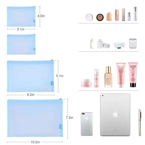 EASYFUN Mesh Pouch, Make up Bag with Zipper Cosmetic Organizer Pouch for Daily or Travel to Keep Small Items, 4 PCS Blue - color: Light Blue
