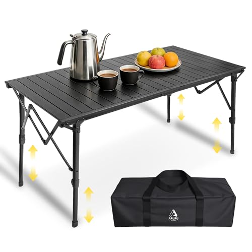 50" Large Folding Camping Table with Adjustable Hight Legs for 2-6 People - Heavy Duty Foldable Camp Table with Roll-Up Aluminum Picnic Table, Portable Outdoor Table for Cooking,Beach,BBQ,Party - color: Black