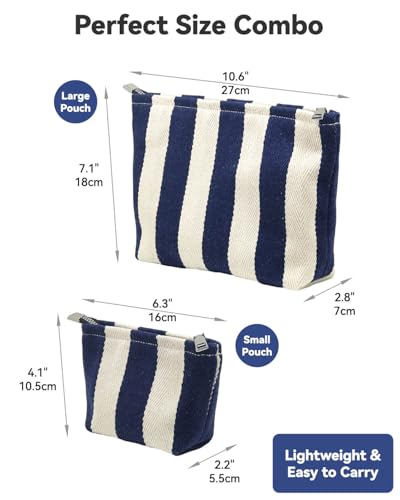 Travel Makeup Bag Set of 2, Preppy Jacquard Pouches for Purse , Navy Blue Striped Makeup Pouch with Smooth Zipper Soft Lining, for Cosmetic Car Organizer, Daily, Gifts, Portable Large & Small Toiletry - style: Striped Blue Canvas