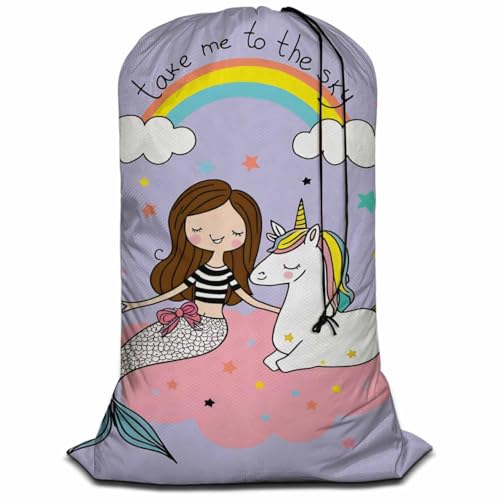 Swono Large Capacity Laundry Hamper Basket Unicorn And Mermaid Sitting at The Pink Cloud Rainbow Stars Storage Baskets for Bedroom Bathroom Dorm Dining Room, Oxford Cloth 28x40 Inch - color: Unicorn And Mermaid