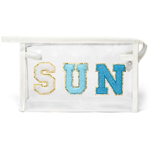 Y1tvei Clear SUN Makeup Bag - Preppy Blue SUN Chenille Varsity Letter Cosmetic Bag PVC Transparent Zipper Waterproof Beach Makeup Pouch Carry On Portable Travel Toiletry Organizer for Women(White) - color: Blue SUN White