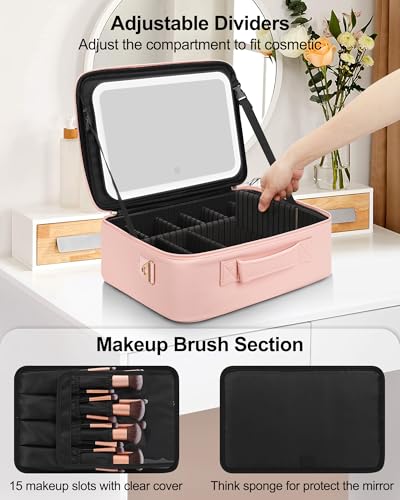 Relavel Makeup Bag with LED Mirror, 16.2 inches Large Makeup Case Travel Portable Cosmetic Organizer Vanity Case for Women, Rechargeable Lighted Mirror Professional Makeup Artists Storage Box (Pink) - color: with mirror pink, size: Large