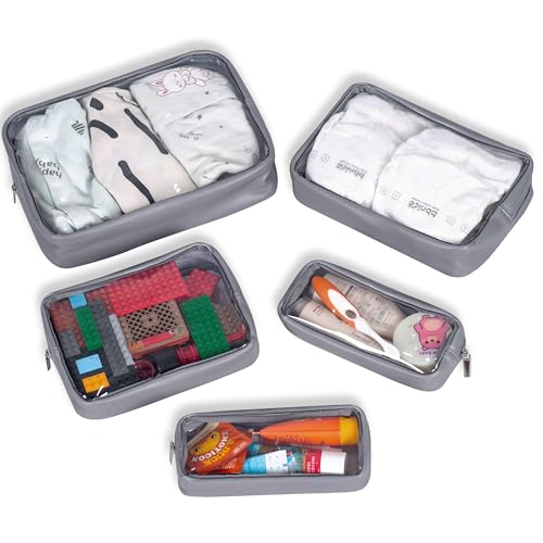 Remobia Hicol TSA Approved 5-Piece Diaper Bag Organizer Pouch Set Clear Waterproof TPU Kids Toiletry Storage Set Travel Packing Clutch Cube Bags for Baby Nursing (Dark Gray) - color: Dark Gray Leather