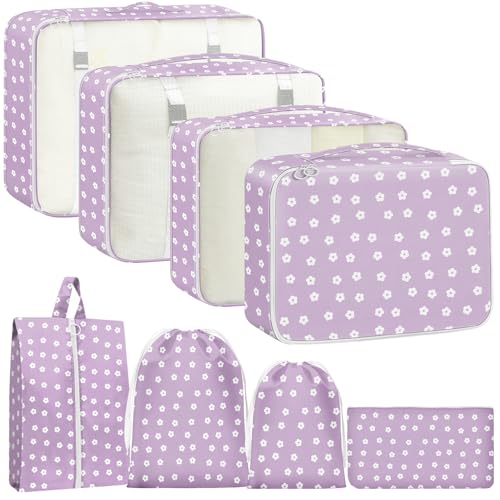 Packing Cubes for Travel - 8 Set Luggage Organizer Bags for Family, Mesh Breathable Packing Cubes for Suitcases Durable Travel Essentials Bags Set - color: Purple small white flowers