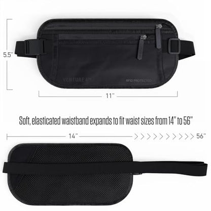 VENTURE 4TH Money Belt for Travel – Slim Hidden Under-Clothes RFID Blocking Anti-Theft Passport Holder & Travel Wallet Pouch for Men & Women to Protect Cash, Cards & Documents (Sleek Black) - color: Sleek Black