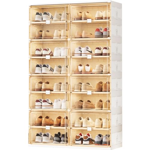JEKO&JEKO 8 Tiers Foldable Shoe Rack Organizer Cabinet for Closet Entryway, Large Collapsible Shoe Storage Box with Magnetic Doors Fits Up to 32 Pairs (White) - color: Double-row, size: 8 Tiers (Standard Tiers Only)