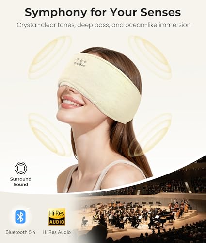 MUSICOZY Bluetooth 5.4 Sleep Headphones Eye Mask with Seaweed Fiber Cotton, Ultra Soft Fully Wrapped Sleep Mask with Headphones for Side Sleepers, 14 Hours Playtime, Gifts for Men Women, Beige - color: Beige