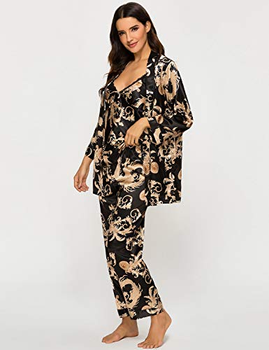 Escalier Women's Silk Satin Pajamas Set 3 Pcs Floral Silky Pj Sets Sleepwear Cami Nightwear with Robe and Pant - color: Black, size: Small