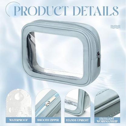 Abbylike 4 Pcs Blue Clear Makeup Bag PU Leather Tsa Approved Toiletry Bag with Zipper Transparent Waterproof Portable Cosmetic Bags Travel Car Clear Organizer Bags for Women Girls Mother's Day - color: Blue