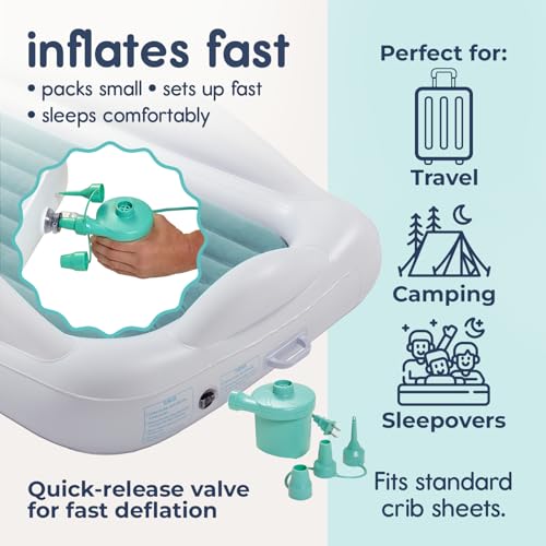 Hiccapop Inflatable Toddler Travel Bed with Safety Bumpers [4-Sided], Portable Toddler Bed for Kids, Toddler Air Mattress, Kids Air Mattress - Misty Blue - color: Misty Blue