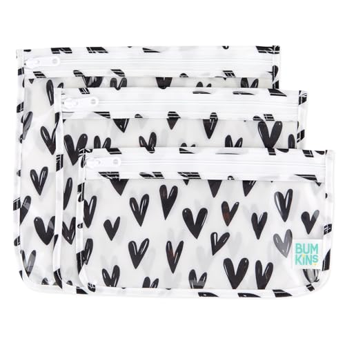 Bumkins Travel Bag, Toiletry, TSA Approved Pouch, Zip Bag, Quart Size Airline Compliant, Clear-Sided, Baby, Diaper Bag Organization, Makeup, Accessories, Packing, Set of 3 Sizes, Black Hearts - color: A2 Hearts, style: Bumkins