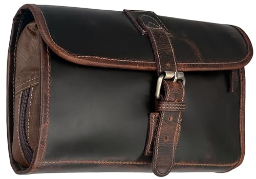 RUSTIC TOWN Leather Hanging Toiletry Bag for Men - Travel Shaving Dopp Kit - Bathroom Shower Toiletries Organizer - Leather Makeup Cosmetic Bag for Women - color: Walnut Brown