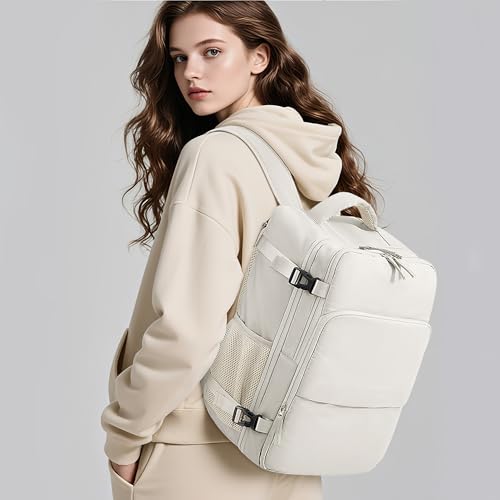 Sinaliy Travel Backpack, Carry on Flight Approved Backpack with Multi-Pockets, TSA Waterproof 17.3inch Laptop Backpack, Personal Item Travel Bag for Men Women, Beige - color: Beige, size: X-Large