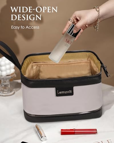 Double-Layer Toiletry Bag, Water-Resistant Hybrid Leather Cosmetic Organizer with Wet/Dry Compartments, 26x15x16cm (Gray, Double layer) - color: Gray