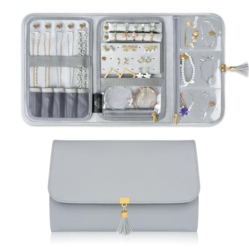 MATEIN Jewelry Travel Organizer for Women, Tangle Free Portable Leather Jewelry Storage Roll Bag Envelope Clutch, Waterproof Lightweight Jewelry Case Holder for Necklaces, Rings, Earrings, Bracelets - color: Grey