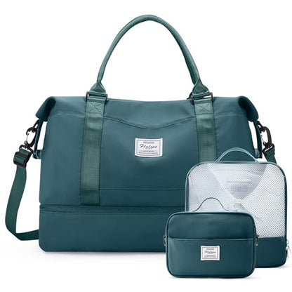 Weekender Bags for Women,Travel Duffle Overnight Bag with Shoe Compartment,Personal Item Carry On Bag,Peacock Blue,Extra Large,3 Pcs Set - color: A-Peacock Blue-3Pcs-0022, size: Extra Large