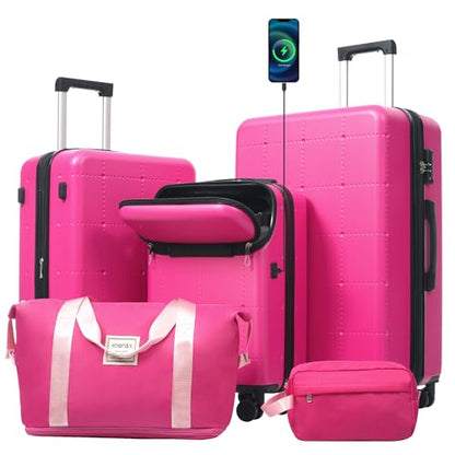 Merax Luggage Sets 5 Piece, Hardside 20" Half-opening Carry On Suitcase Set with USB Port,Lightweight Travel 24" 28" Luggage with Bags TSA Locks Double Spinner Wheels,Pink - color: Pink, size: 3 piece(20front open+24+28+bags)
