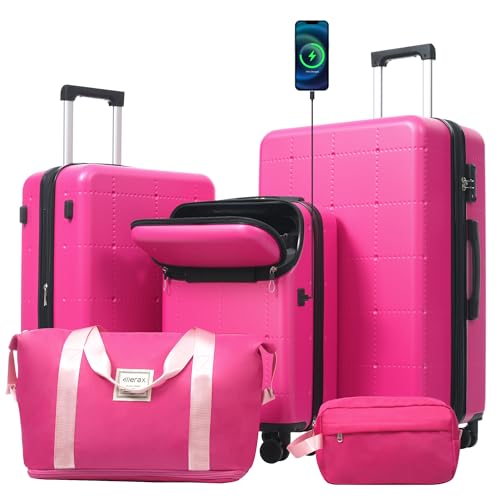 Merax Luggage Sets 5 Piece, Hardside 20" Half-opening Carry On Suitcase Set with USB Port,Lightweight Travel 24" 28" Luggage with Bags TSA Locks Double Spinner Wheels,Pink - color: Pink, size: 3 piece(20front open+24+28+bags)