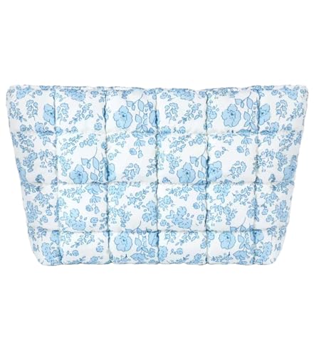 Puffy Quilted Makeup Bag, Cosmetic Bag, Travel Toiletry Organizer Pouch, Clutch for Women (Blue Floral) - color: Blue Floral