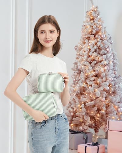 Narwey Striped Makeup Bag Travel Cosmetic Bag Organizer Toiletry Bag Make Up Bags with Compartments for Women Girls (Large, Mint Green Stripe) - color: A-Mint Green Stripe, style: Large