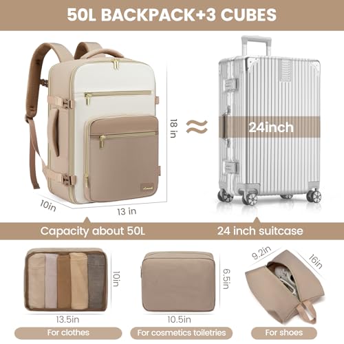 LOVEVOOK Travel Backpack For Women,50L Carry On Backpack Flight Approved,TSA Personal Item Travel Bag Fits 18 Inch Laptop,Business Weekender Overnight Daypack with Toiletry Bag and Cubes - color: Off-white and Khaki, size: 18 Inch-50L-4Pcs