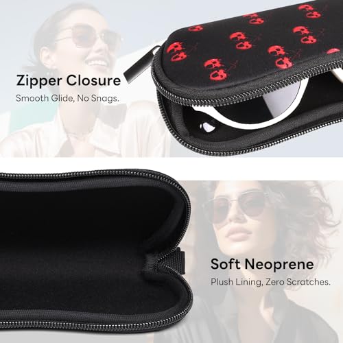 Sunglasses Case with Belt Clip, Ultra Light Neoprene Zipper Soft Padded Glasses Case for Women Men - color: Cherry Skull