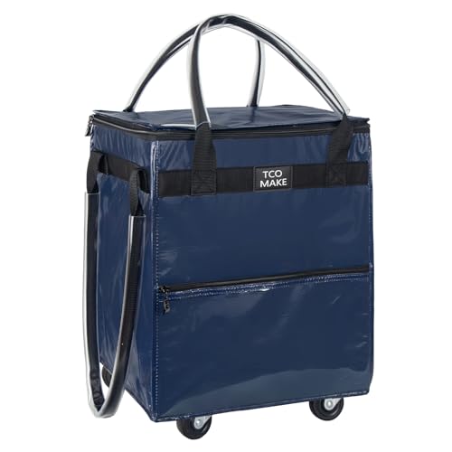 (Small, DK Blue) Reusable Grocery Bag on Wheels, Rolling Shopping Bags with Wheels and Handle, Folding Rolling Tote Trolley, Zipper Cover, Carries Up to 22 LBS, Easy Transportation - color: Dk Blue, size: Small