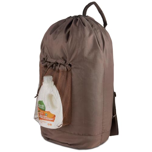 Seiritex Large Laundry Backpack Bag with Detergent Holder and Adjustable Shoulder Straps, Clothes Laundry Backpack for College, Travel, Apartment, Laundromat, Dorm Room (Brown) - color: Brown