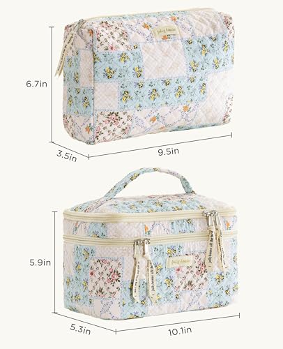 HBselect 2Pcs Travel Makeup Bag, Large Cotton Quilted Makeup Bag Cosmetic Bag Cute Make up Bag Toiletry Bags for Women Girls - color: 2PCS-BLYLFLOWER