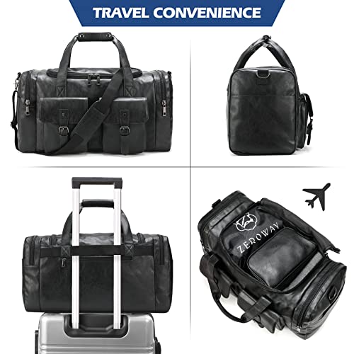 Zeroway PU Leather Travel Duffel Bag with Laundry Bag, Weekender Overnight bag Luggage Carry-On Bag with Shoe Pouch for Men or Women Black - color: Black-travel set