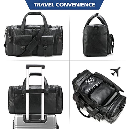Zeroway PU Leather Travel Duffel Bag with Laundry Bag, Weekender Overnight bag Luggage Carry-On Bag with Shoe Pouch for Men or Women Black - color: Black-travel set