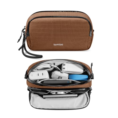 tomtoc Electronic Organizer Travel Case Performance, Water Resistant Dual Compartment Cable Organization Storage Bag for Charger, Cord, Phone, Hard Drive, Power Bank, Accessories Travel Essentials - color: Brown Plaid, size: Medium