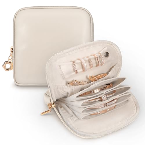 SITHON Small Travel Jewelry Case with Ring Holder, Mini Velvet Jewelry Pouch Bags, Compact Storage Organizer for Bracelet Necklaces Earrings Travel Essentials, Graduation Gift for Women (Cream White) - color: Cream White