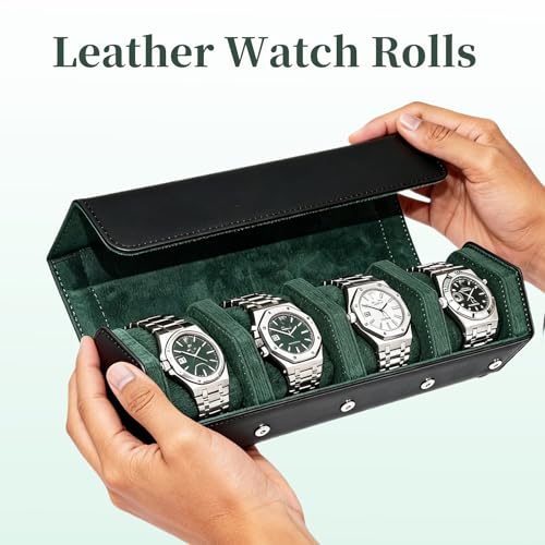 Leather Watch Roll for 4 Watches - Velvet-Lined Travel Case, Luxury Watch Rolls Organizer with Storage & Display for Men (4 Slot-Black Green) - color: 4 Slot-Black Green