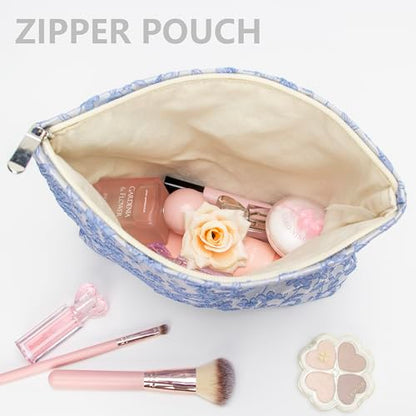 PAZIMIIK Makeup Bag Large Cotton Zipper Pouch for Purse Travel Canvas Make Up Organizer for Women Cosmetic,Brocade Silver - color: Brocade Silver