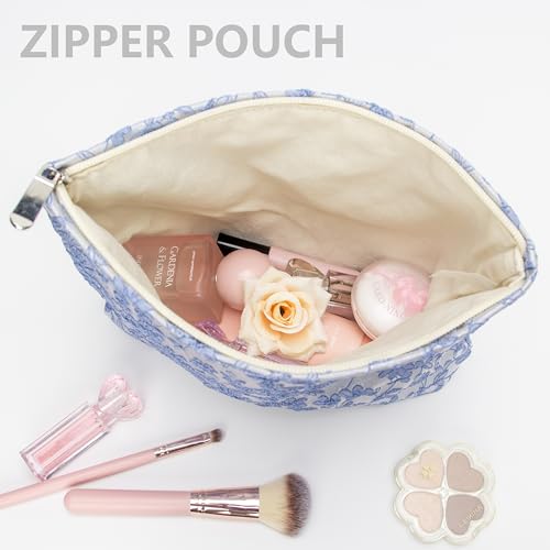PAZIMIIK Makeup Bag Large Cotton Zipper Pouch for Purse Travel Canvas Make Up Organizer for Women Cosmetic,Brocade Silver - color: Brocade Silver