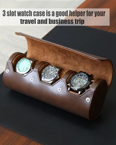watch box organizer for mens watch case travel roll Portable 3 Watch Display Storage with Velvet Sections to Holder Large Watch (Dark Brown) - color: Dark Brown