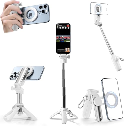 CloudValley Magnetic Selfie Stick & Mini Tripod, 360° Rotation Extendable Handheld Stabilizer/Camera Grip with Remote, 5 in 1 Portable Phone Stand for iPhone/Android, Travel Vlog, Live Stream, White - color: White
