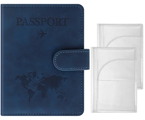 3-Pack Passport Holder Set | RFID Blocking PU Leather Travel Passport Wallet with Magnetic Button + 2 Clear PVC Passport Covers | Passport Book Holders for Men & Women (Dark Blue) - color: Dark Blue