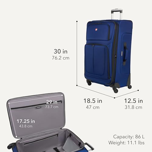 SWISSGEAR Sion Softside Expandable Spinner Luggage Durable Lightweight Travel Suitcase, Blue, Checked-Large - color: Blue, size: Checked-Large