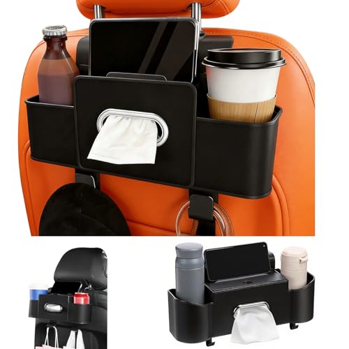 4-in-1 Car Organizer Back Seat,Upgraded Multifunctional Back Seat Car Organizer,Partition Design,Multi-Hanging Storage Box with 2 Cup Holders,Tissue Box, for Hold Mobile Phone(Black)