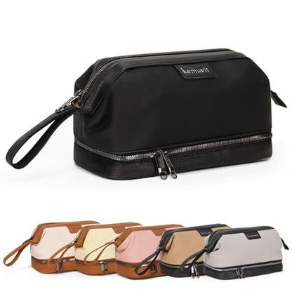 Double-Layer Toiletry Bag, Water-Resistant Hybrid Leather Cosmetic Organizer with Wet/Dry Compartments, 26x15x16cm (Black, Double layer) - color: Black