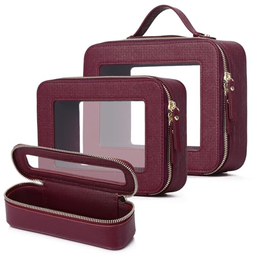 Travel Makeup Set Waterproof Transparent Cosmetic Bag and Toiletry Bag Makeup Brush case with Zipper Car Essentials for Women (Burgundy, L+M+SLIM) - color: Burgundy, size: L+M+Slim